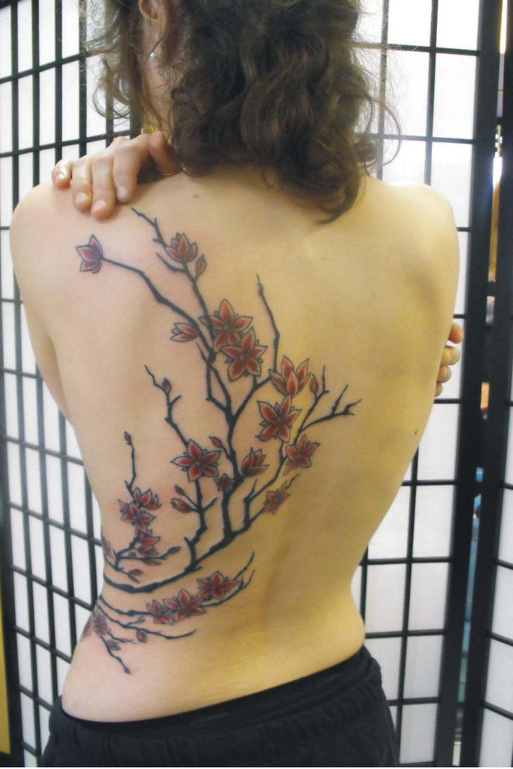 Women Back Piece Japanese Cherry Blossom Tattoo Picture 4